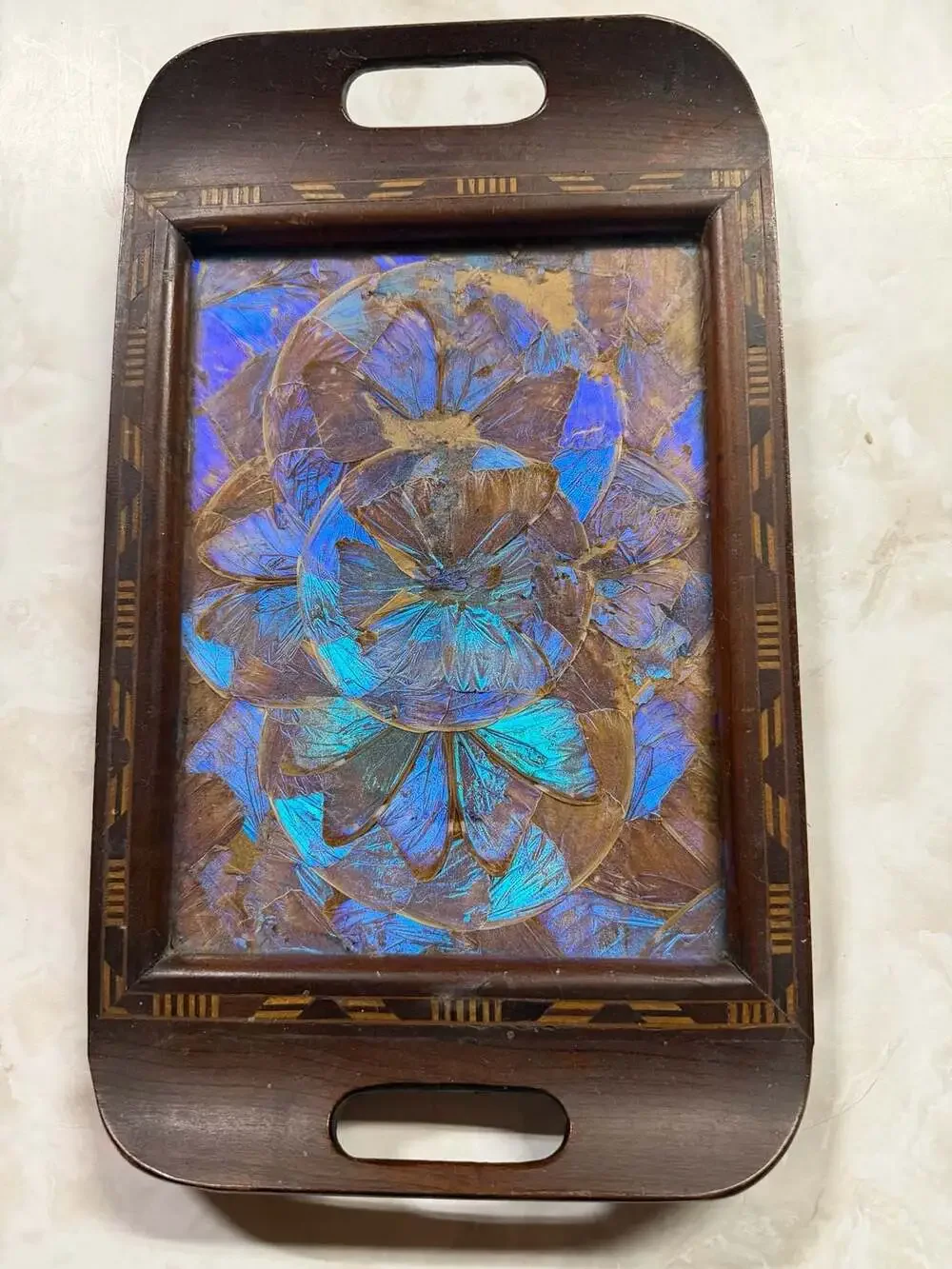 Vintage Brazilian Blue Morpho Butterfly Wing Serving Tray with Inlaid Wood Frame